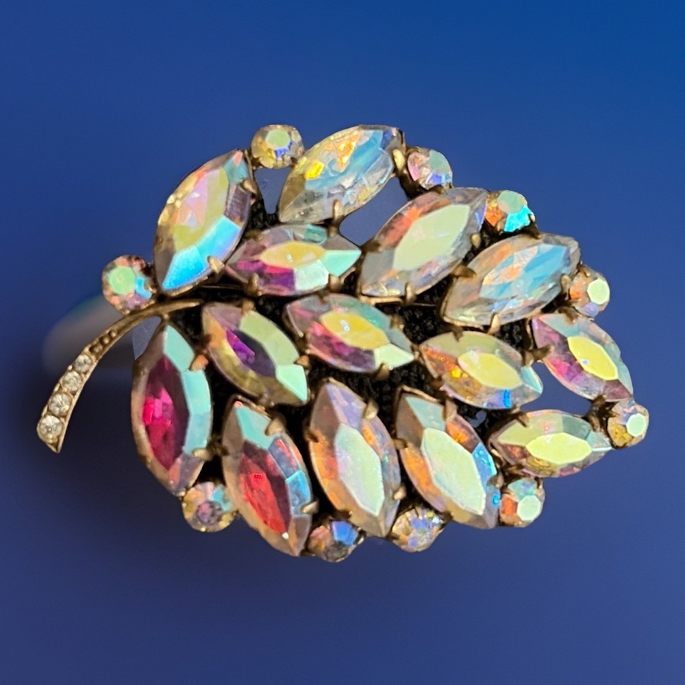 Vintage Czechoslovakia Aurora Borealis Rhinestone Brooch Pin Marked CZECH SLOV